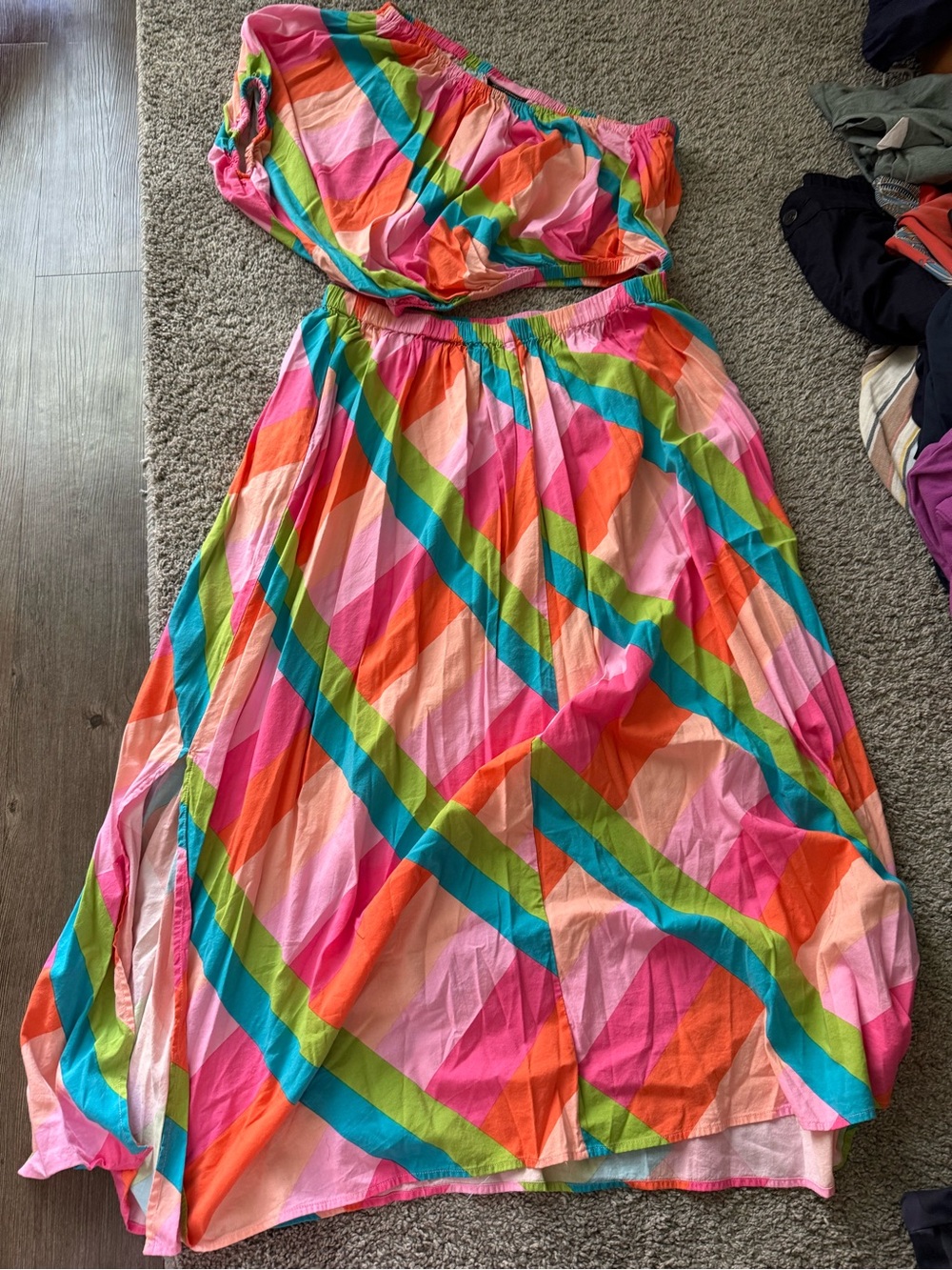Ashley Stewart Vibrant Multicolor Diagonal Stripe Off Shoulder Dress
